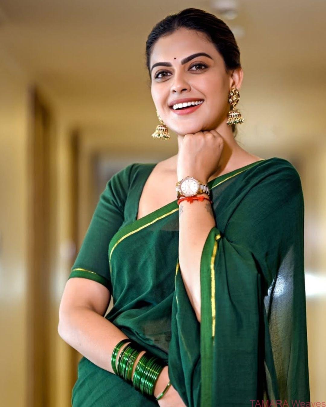 Vibrant shades of green mul cotton saree with gold zari line on border - pure cotton - Anusree inspired - Image 2