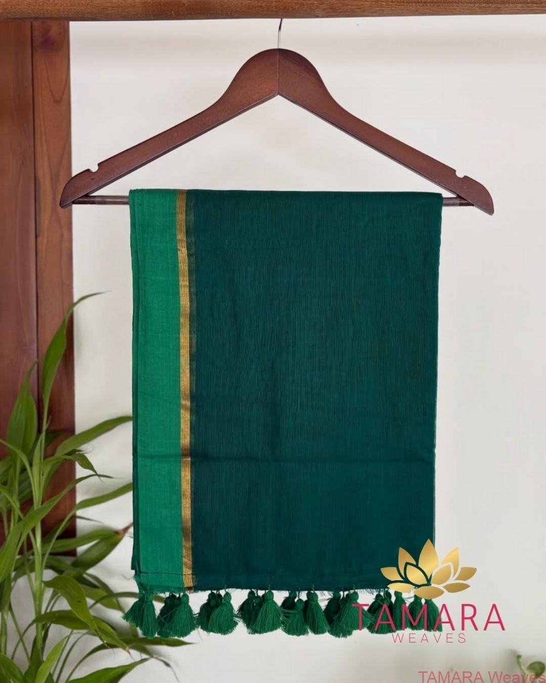 Vibrant shades of green mul cotton saree with gold zari line on border - pure cotton - Anusree inspired