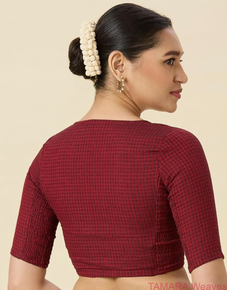 Stretchable Ready to wear Saree Blouse - Pure cotton maroon colour - Image 4