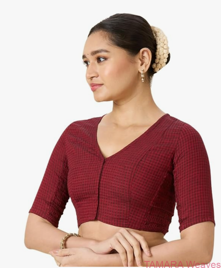 Stretchable Ready to wear Saree Blouse - Pure cotton maroon colour - Image 3