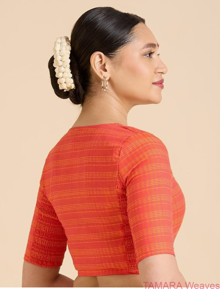 Stretchable Ready to wear Saree Blouse - Pure cotton orange colour - Image 3
