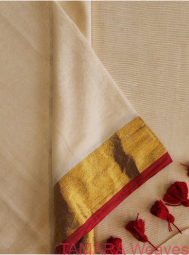 Gorgeous DD inspired beige and red kasavu mul cotton sari (Zari border) - Image 3