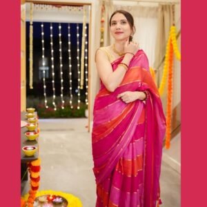 Pink and Orange saree with gold zari lines all over - most beautiful mul cotton saree - pure cotton