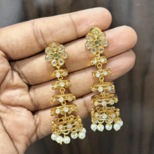 Gold tone Spiral jhumka - with white and emerald green stones