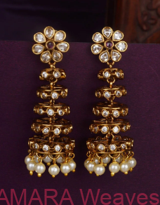 Gold tone Spiral jhumka - with white and ruby stones