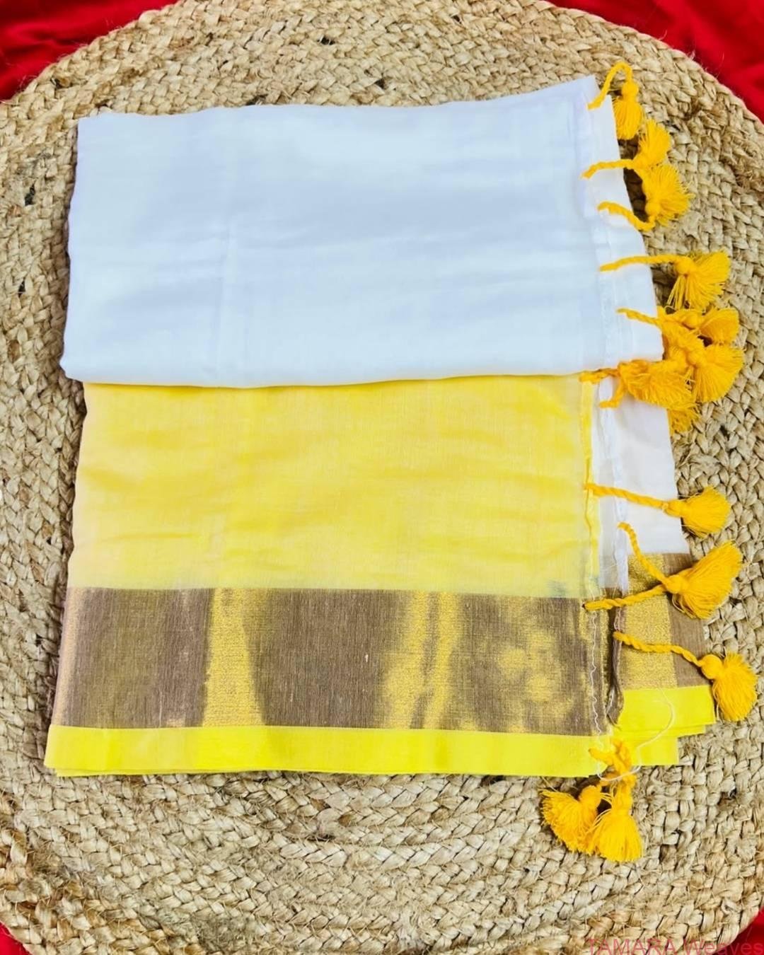 Yellow and White saree with gold zari lines all over - mul cotton saree - pure cotton - best for Onam and Vishu and other events - Image 2