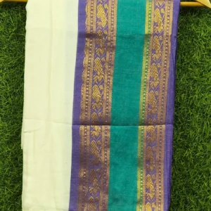 Kanchi border 120-count mul cotton kasavu sari (Violet and blue/green)