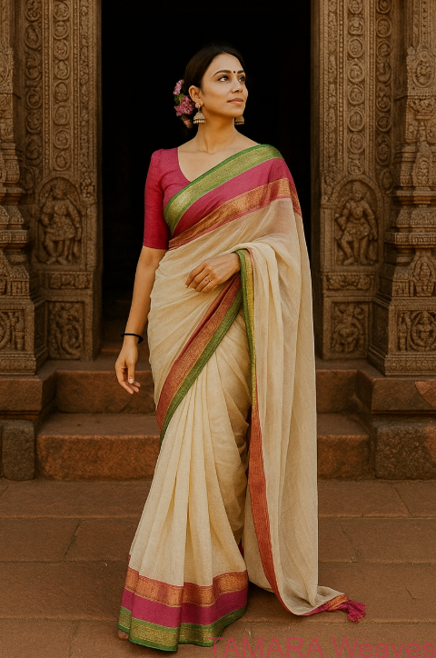 Kanchi border 120-count mul cotton kasavu sari (pink and green) - Image 2