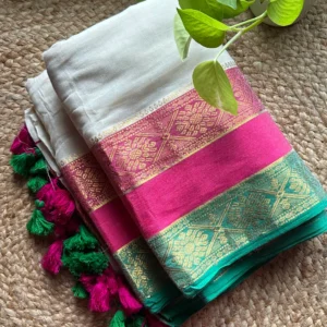 Kanchi border 120-count mul cotton kasavu sari (pink and green)
