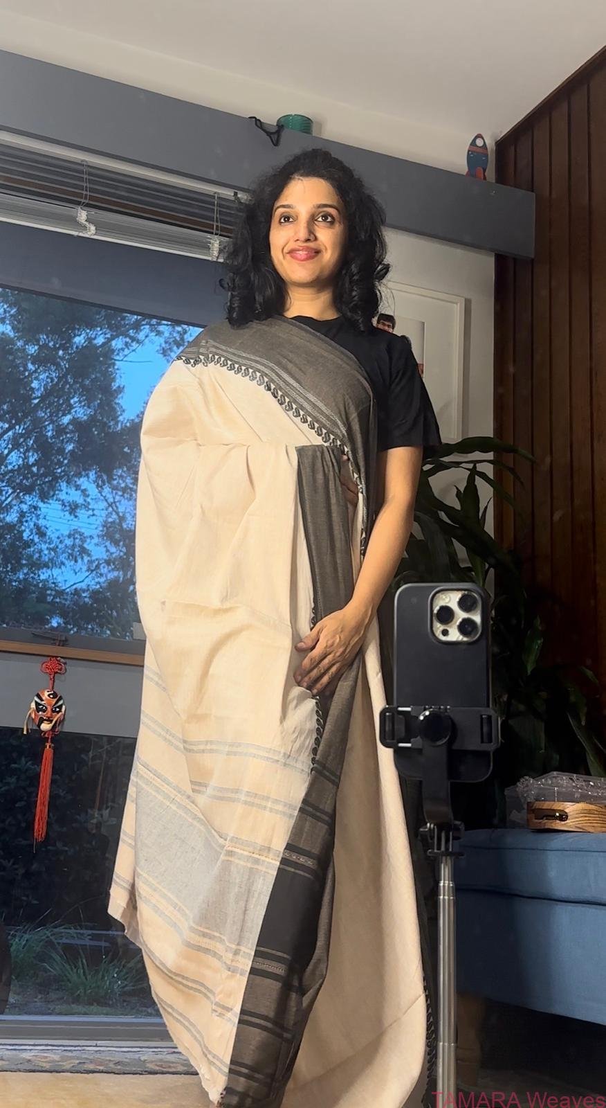 Pure Bengal Cotton Saree - Beige and Black Saree