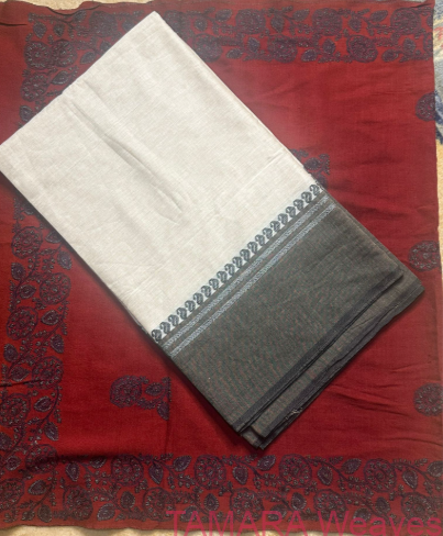 Pure Bengal Cotton Saree - Beige and Black Saree - Image 2