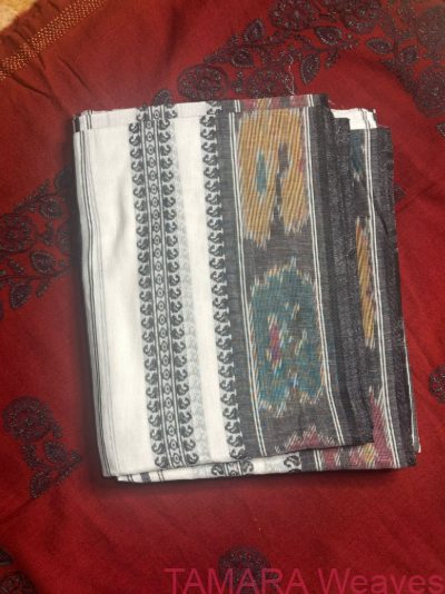 Pure Bengal Cotton Saree - White and Black with Ikat borders - Image 2