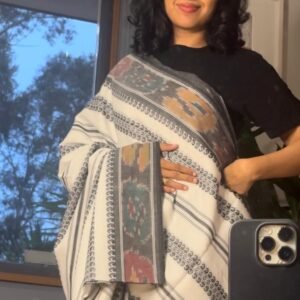 Pure Bengal Cotton Saree - White and Black with Ikat borders