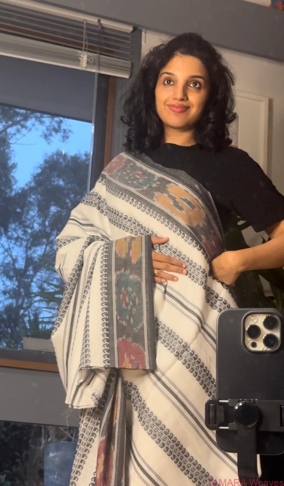 Pure Bengal Cotton Saree - White and Black with Ikat borders