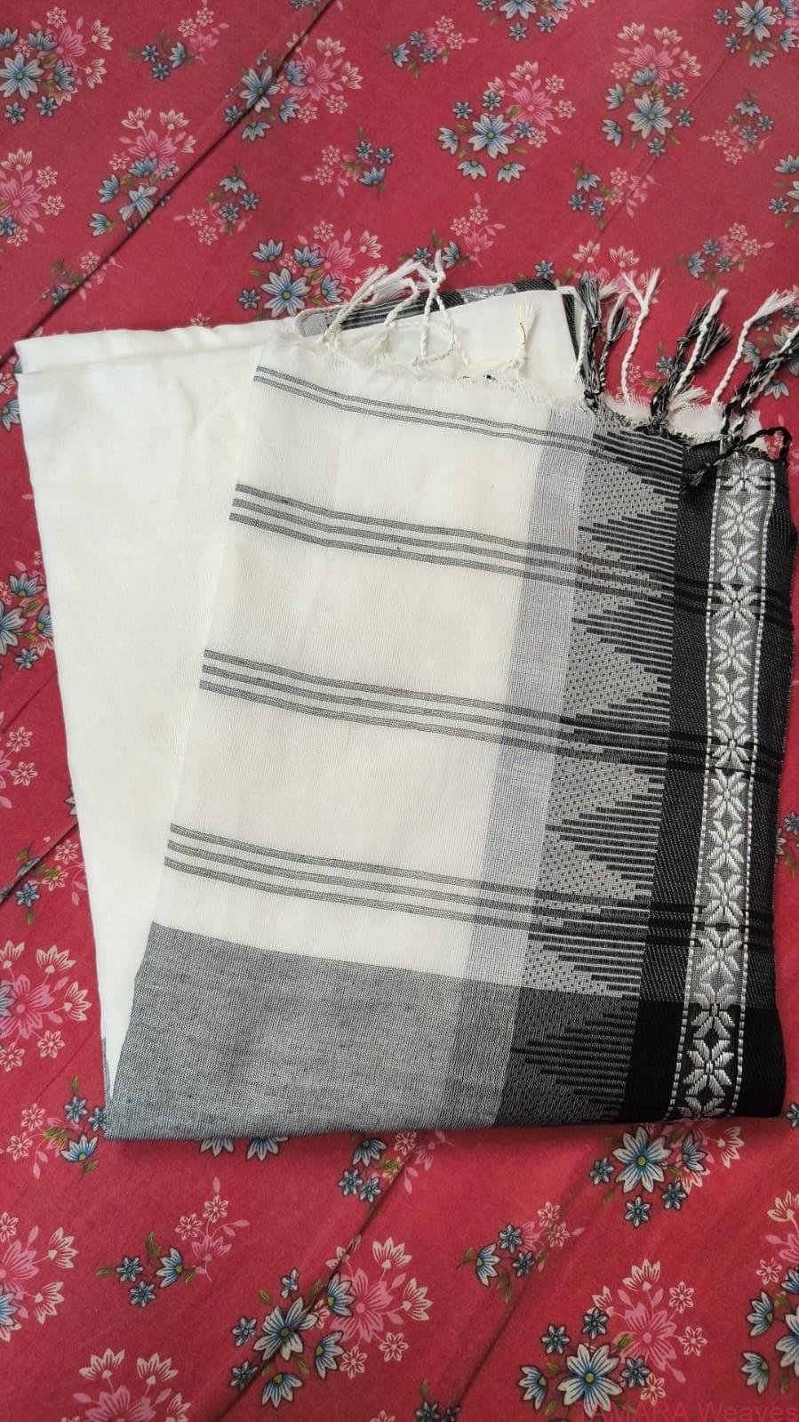 Pure Bengal Cotton Saree - White and Black temple borders