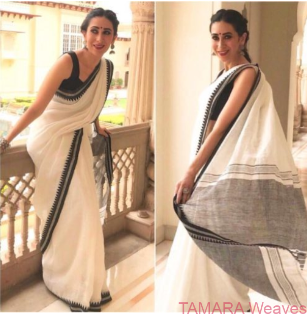 Pure Bengal Cotton Saree - White and Black temple borders - Image 3