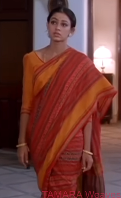 Shobana inspired Manichithrathazhu Saree - Red, Yellow Bengal Cotton - Image 2