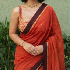 Rust orange mul cotton saree with coffee brown zari line