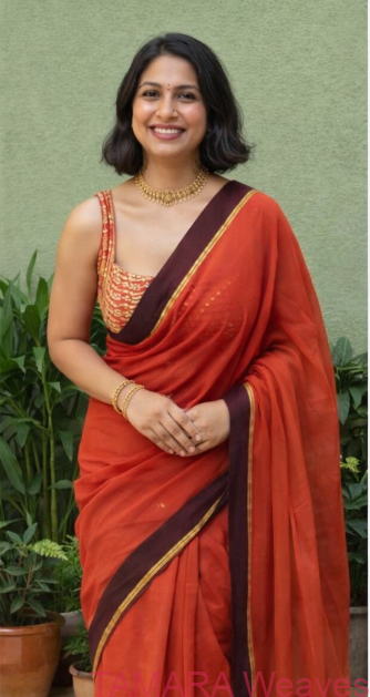 Rust orange mul cotton saree with coffee brown zari line