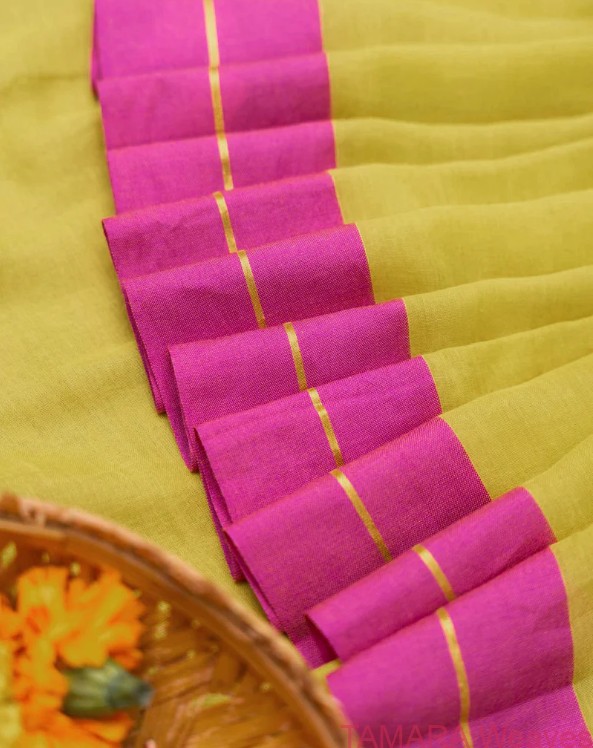 Lime green mul cotton saree with pink zari line border - Image 2