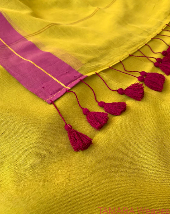 Lime green mul cotton saree with pink zari line border - Image 3