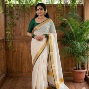 Ivory and green festive mul cotton saree - April 2026 second week delivery - JHANVI