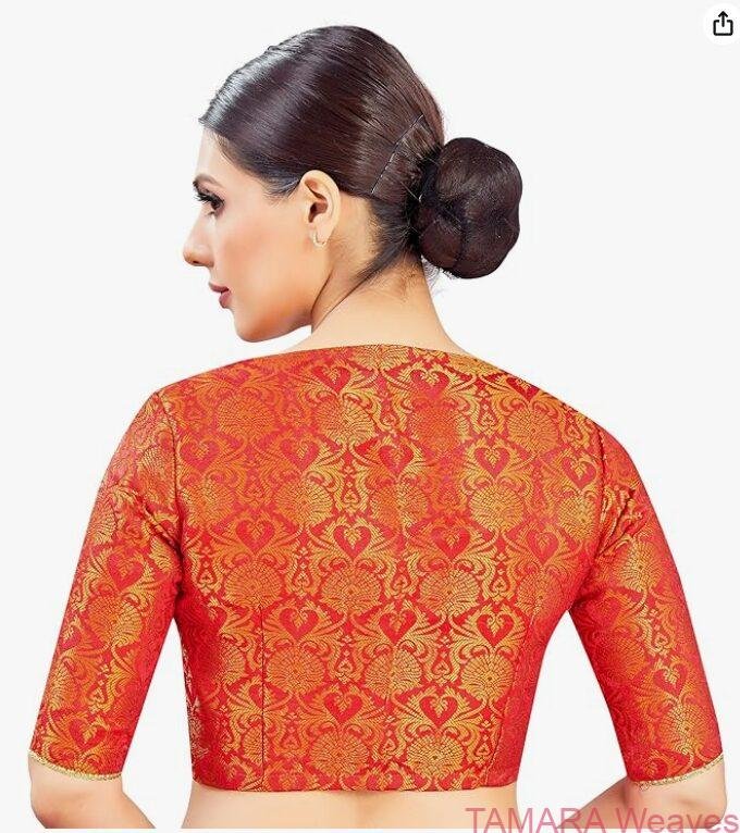Brocade Ready to wear Saree Blouse - Orange - Image 2