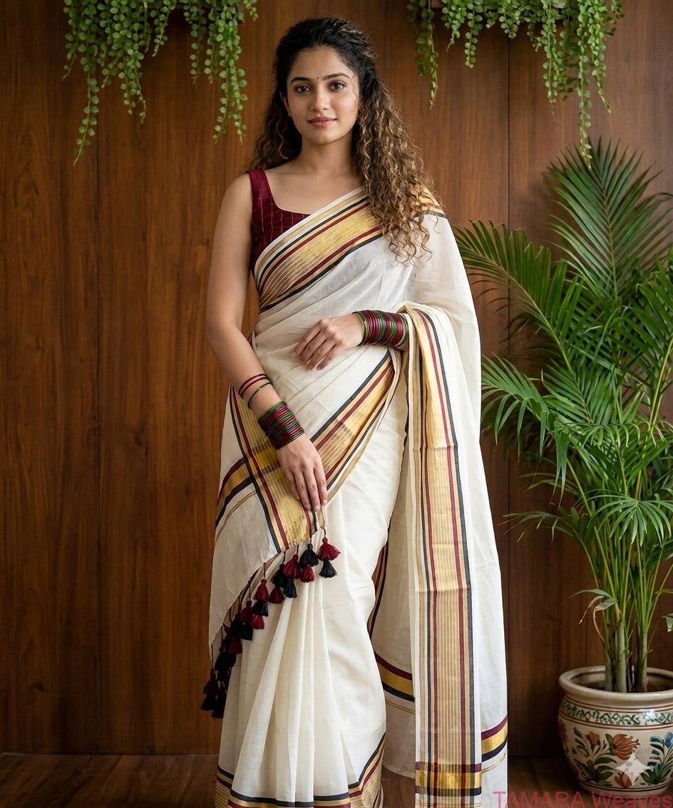 Kerala Handloom replica 120-count mul cotton kasavu sari - Delivery second week of April 2026
