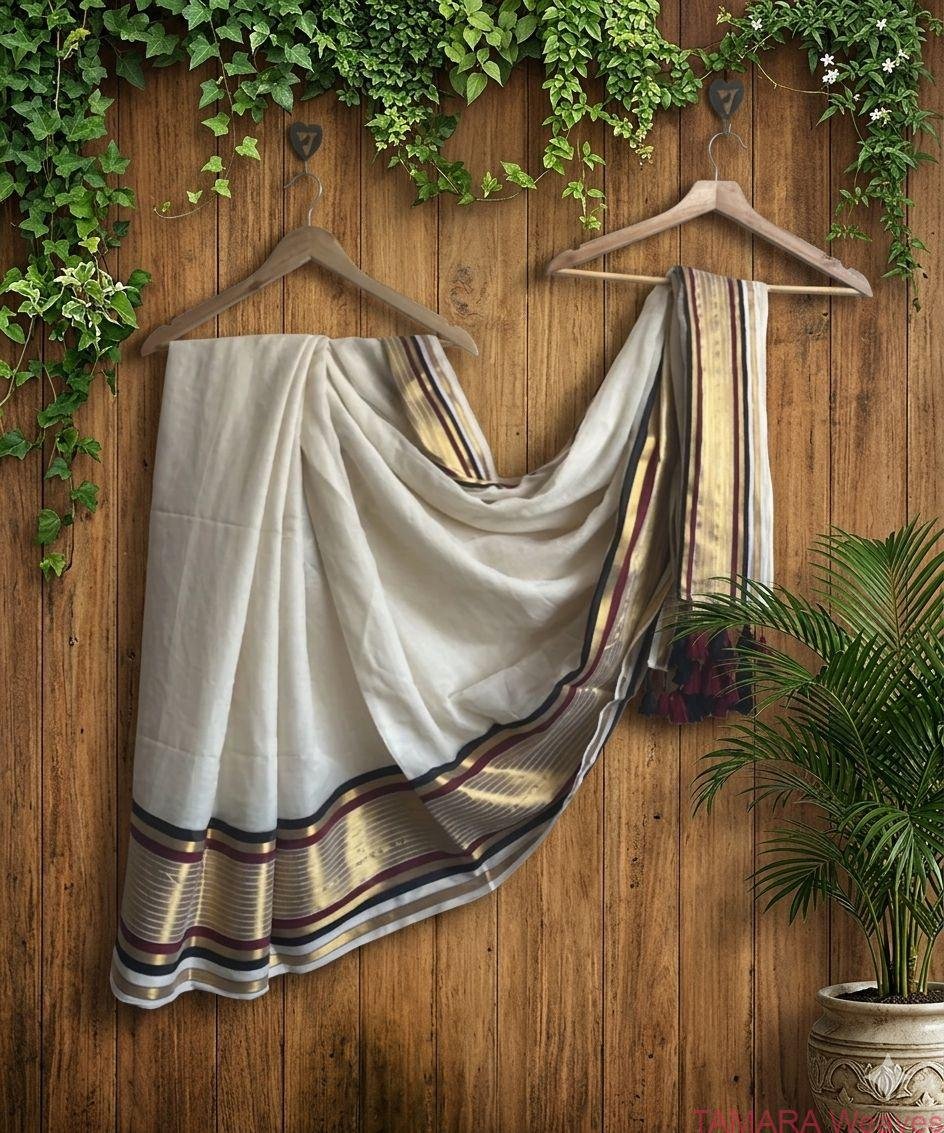 Kerala Handloom replica 120-count mul cotton kasavu sari - Delivery second week of April 2026 - Image 2