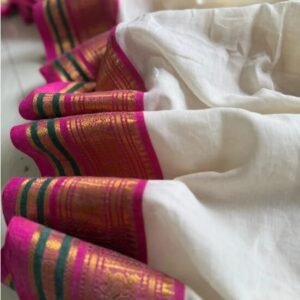 Kanchi border Mul Cotton Saree - Pink, Green Kara Kasavu