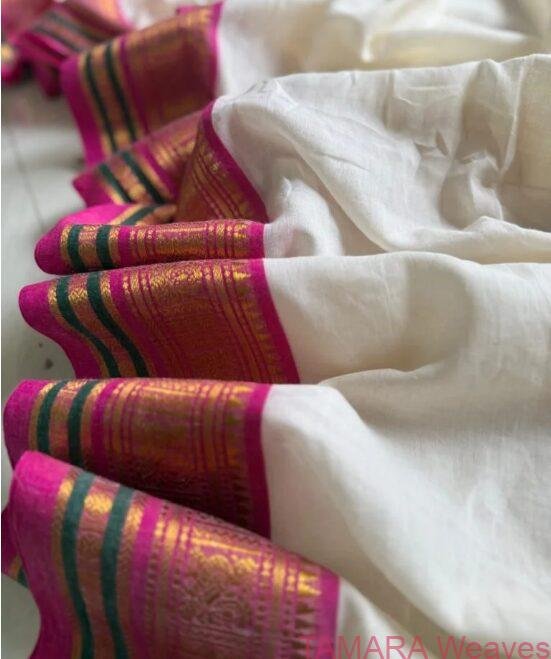 Kanchi border Mul Cotton Saree - Pink, Green Kara Kasavu
