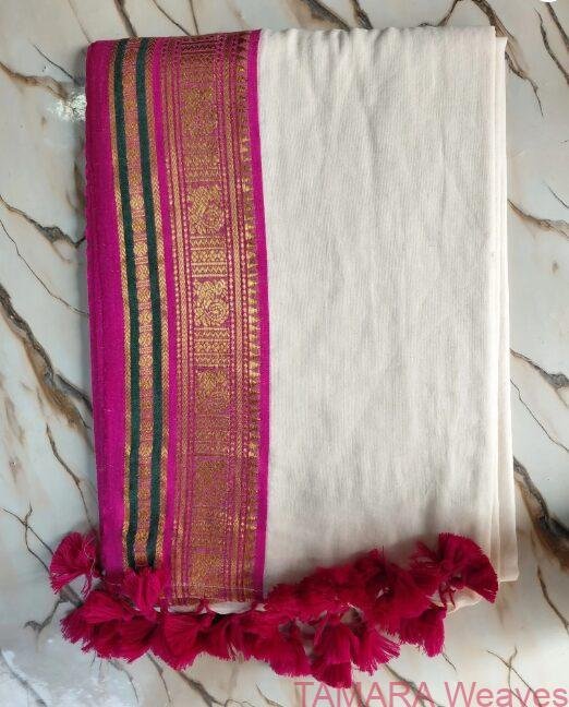 Kanchi border Mul Cotton Saree - Pink, Green Kara Kasavu - Image 2
