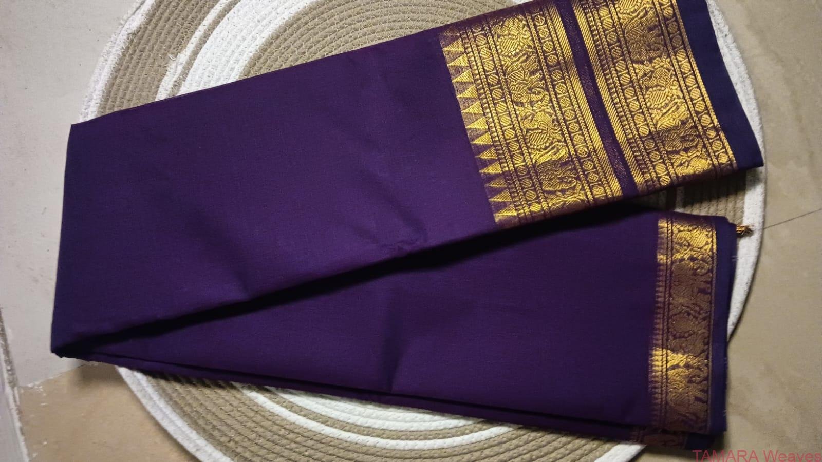 Deep violet monotone Kanchi Cotton Saree - rettapettu border - in Australia - Image 2