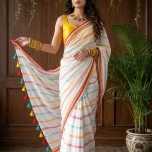 Multicolour lines Mul Cotton Saree - Delivery second week of April