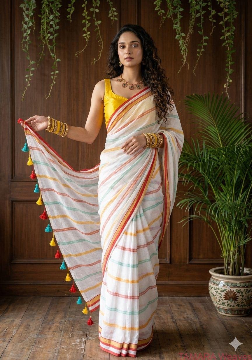 Multicolour lines Mul Cotton Saree - Delivery second week of April