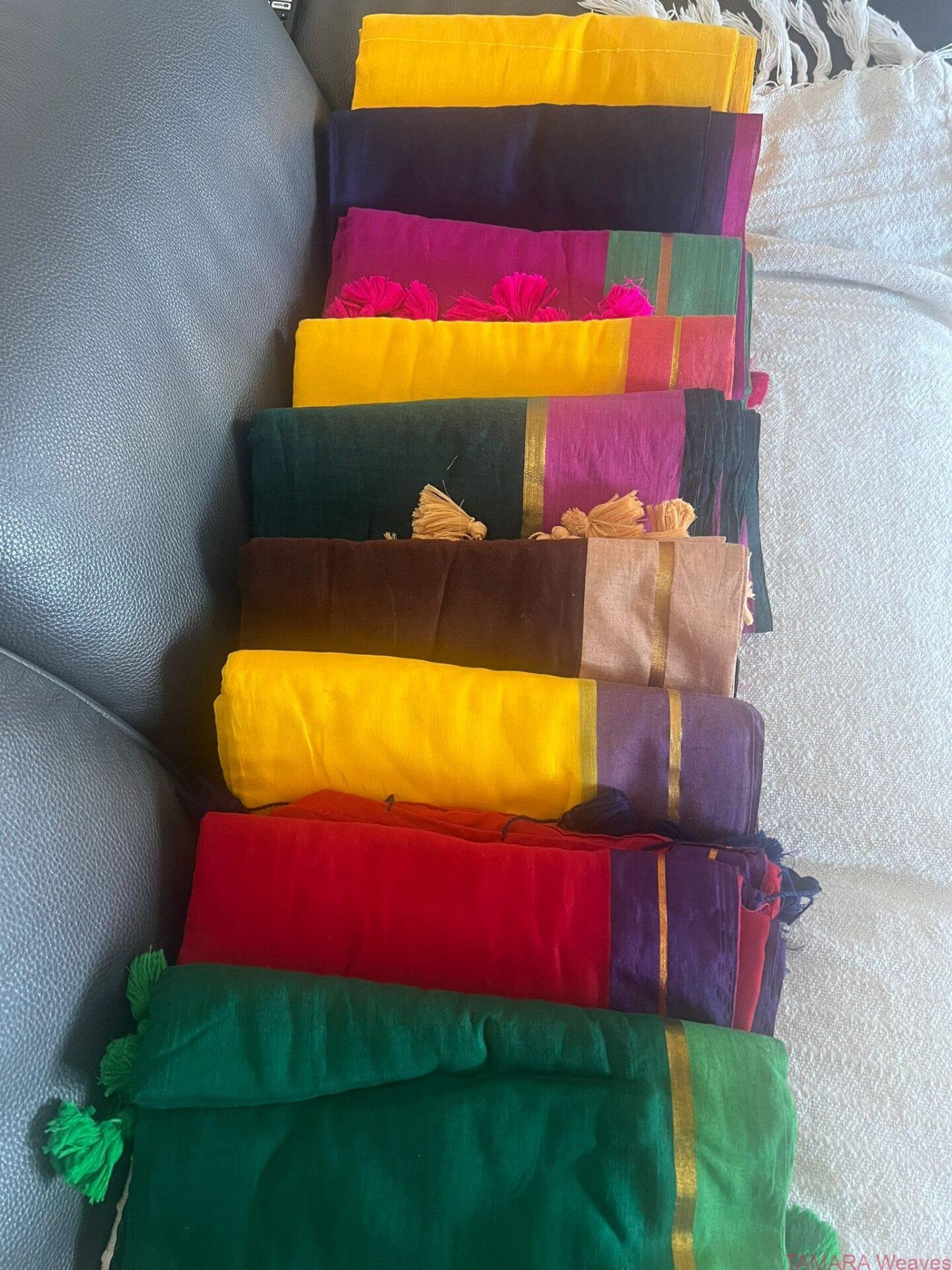 Green mul cotton saree with pink zari line border in Australia - Image 2