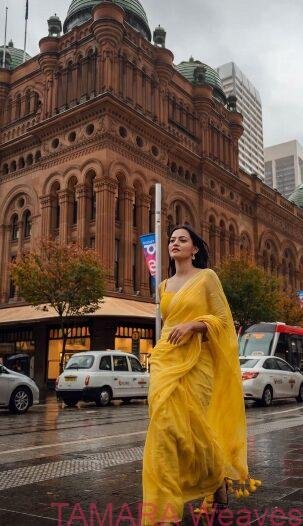 Sequin Mul Cotton Saree in Australia - Haldi Yellow with small zari border