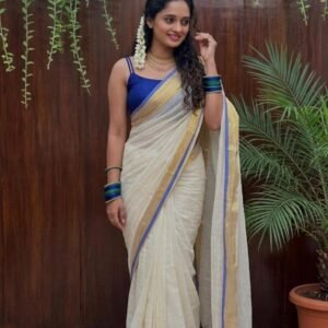 Royal bright blue kara and kasavu mul cotton saree