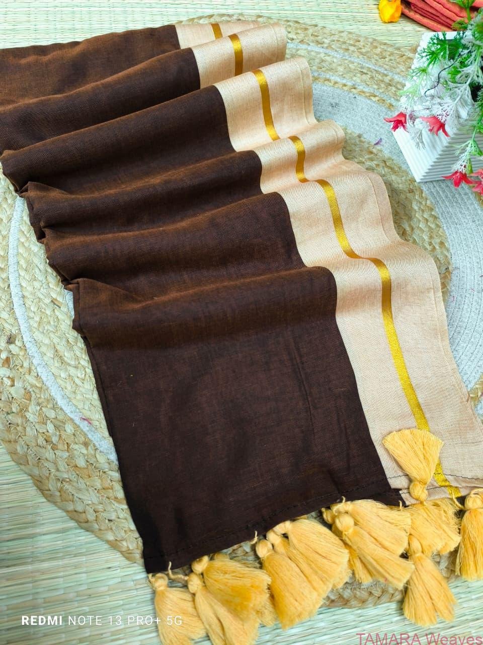 Brown mul cotton saree with cream zari line border in Australia - Image 2