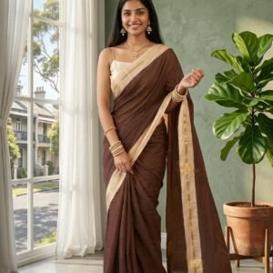 Brown mul cotton saree with cream zari line border in Australia