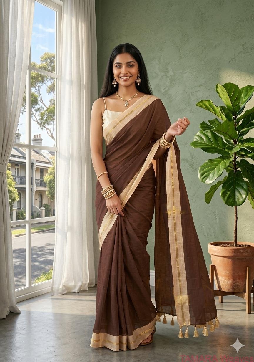 Brown mul cotton saree with cream zari line border in Australia