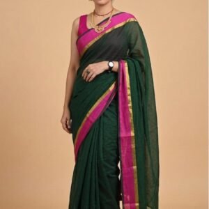 Green mul cotton saree with pink zari line border in Australia
