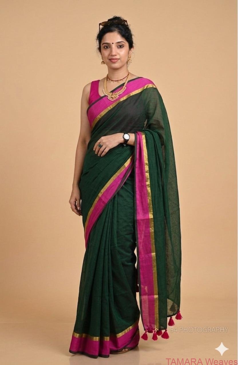 Green mul cotton saree with pink zari line border in Australia