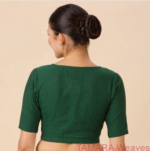 Stretchable Ready to wear Saree Blouse - Green cotton checks - Image 3