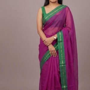 Magenta mul cotton saree with green zari line border in Australia