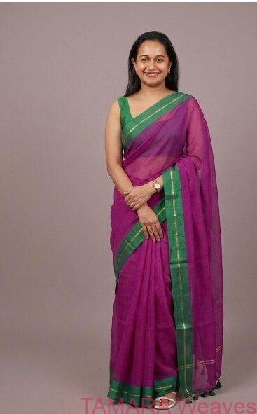 Magenta mul cotton saree with green zari line border in Australia
