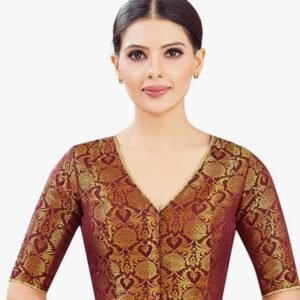 Brocade Ready to wear Saree Blouse - Maroon V Neck
