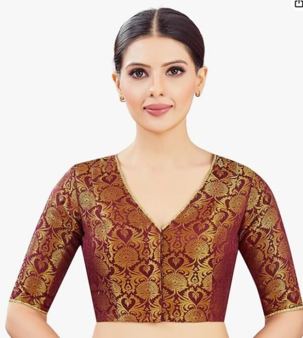 Brocade Ready to wear Saree Blouse - Maroon V Neck