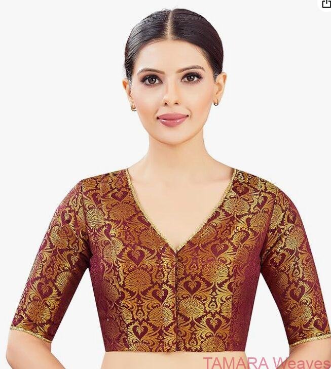 Brocade Ready to wear Saree Blouse - Maroon V Neck