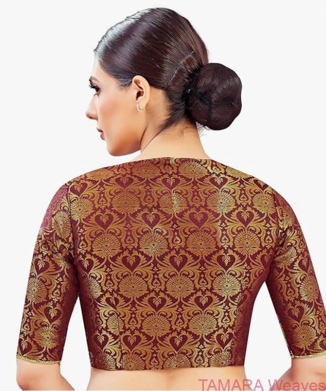 Brocade Ready to wear Saree Blouse - Maroon V Neck - Image 4